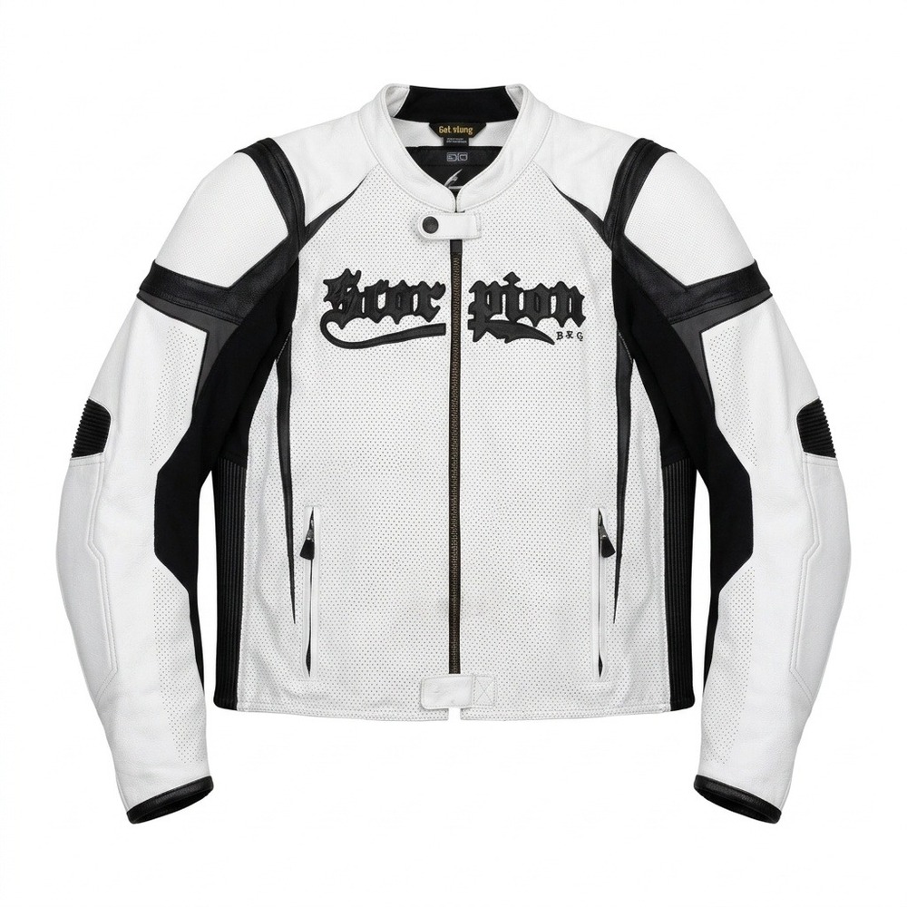Scorpion EXO Get Stung Leather Motorcycle Jacket XXL White Black Armored w Liner